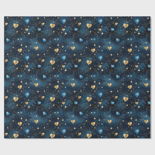 Elegante Kosmische Harten in Blauw en Goud Cadeaupapier (Vlak)