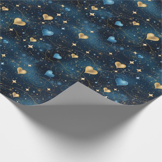 Elegante Kosmische Harten in Blauw en Goud Cadeaupapier (Hoek)