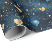Elegante Kosmische Harten in Blauw en Goud Cadeaupapier (Rol Hoek)