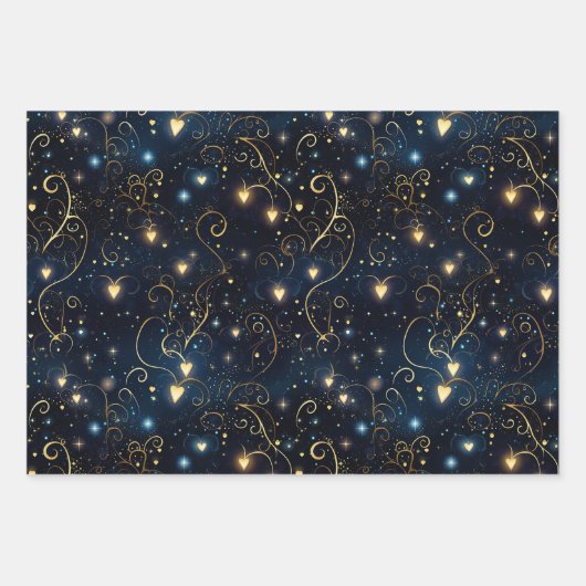 Elegante Kosmische Harten in Blauw en Goud Inpakpapier Vel (Voorkant 3)