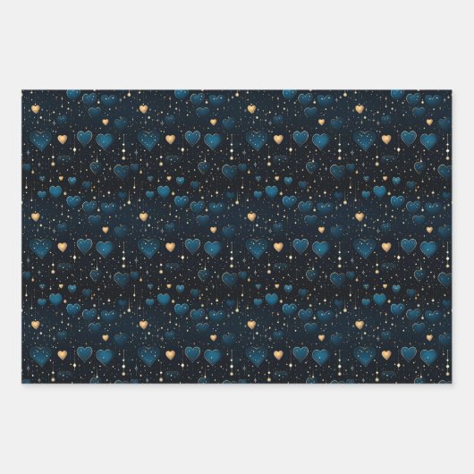 Elegante Kosmische Harten in Blauw en Goud Inpakpapier Vel (Voorkant 2)