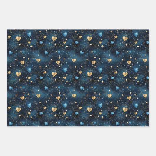 Elegante Kosmische Harten in Blauw en Goud Inpakpapier Vel (Voorkant)