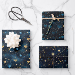 Elegante Kosmische Harten in Blauw en Goud Inpakpapier Vel