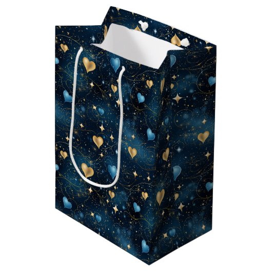 Elegante Kosmische Harten in Blauw en Goud Medium Cadeauzakje (Voorkant Gekanteld)