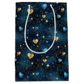 Elegante Kosmische Harten in Blauw en Goud Medium Cadeauzakje (Voorkant)