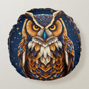 Elegante Kosmische Uil Kunstwerk met Levendige Vee Rond Kussen