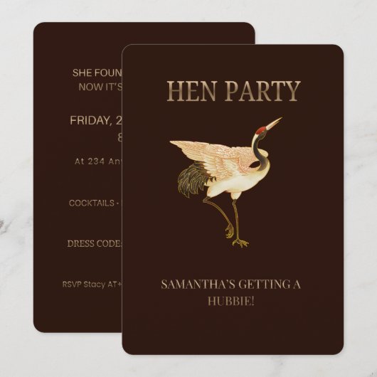 Elegante Kraan Hen Party Uitnodiging, Aangepaste B Kaart (Voorkant / Achterkant)