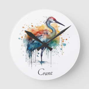 Elegante Kraanvogel: Aquarel Kunst, op maat Ronde Klok