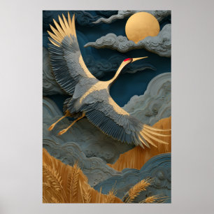 Elegante Kraanvogel Vliegend Onder Gouden Maan Oos Poster
