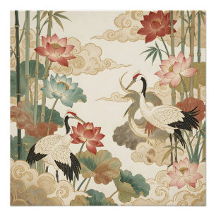 Elegante Kraanvogels Lotus Bamboe Oriëntaals Schil Perfect Poster