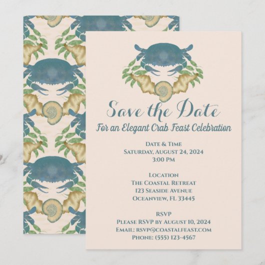 Elegante Krab Feest-Waterverf Blauwe Krabben, Zees Kaart (Voorkant / Achterkant)