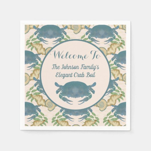 Elegante Krab Feest-Waterverf Blauwe Krabben, Zees Servet (Voorkant)