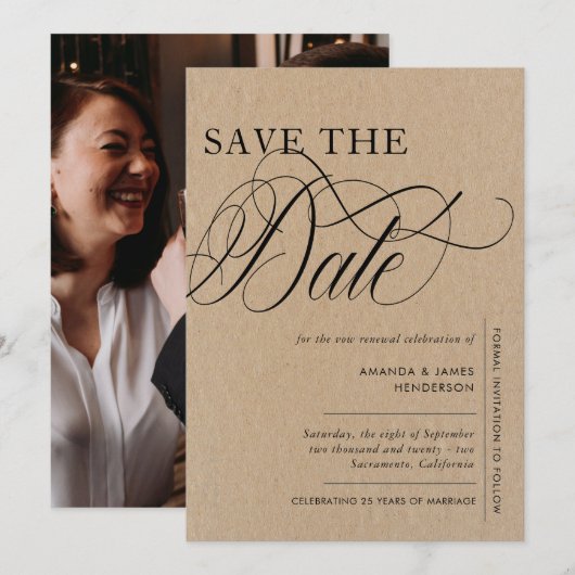 Elegante Kraft Textuur Foto Gelofte Vernieuwing Save The Date (Voorkant / Achterkant)