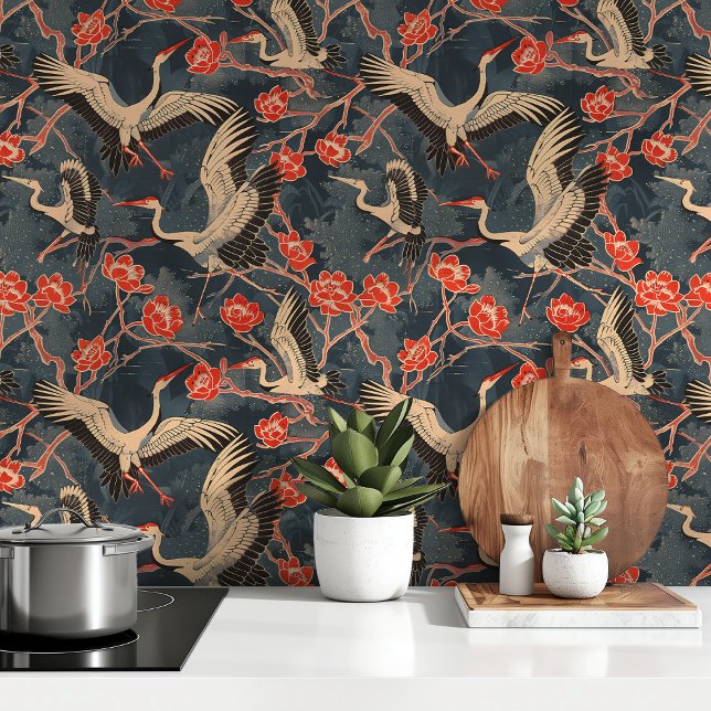 Elegante kranen en rode bloesems behang (Creator heeft geüpload)