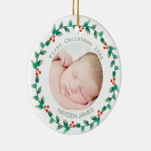 Elegante krans baby's eerste kerst aangepaste foto keramisch ornament (Rechts)