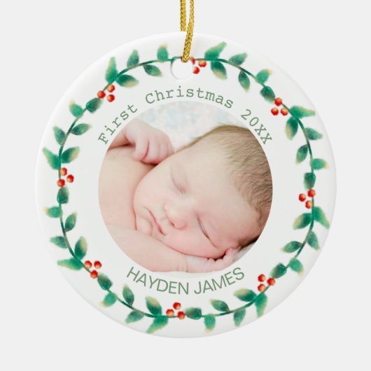 Elegante krans baby's eerste kerst aangepaste foto keramisch ornament (Voorkant)