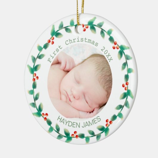 Elegante krans baby's eerste kerst aangepaste foto keramisch ornament (Links)