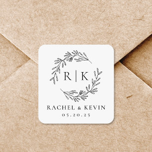 Elegante krans bruiloft initiaal monogram vierkante sticker