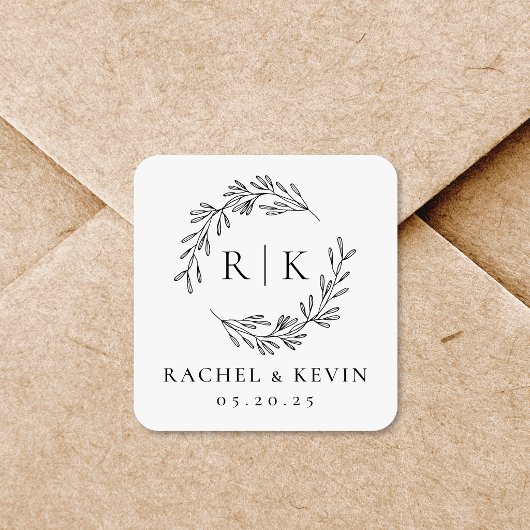 Elegante krans bruiloft initiaal monogram vierkante sticker