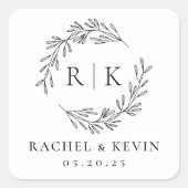 Elegante krans bruiloft initiaal monogram vierkante sticker (Voorkant)