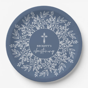 Elegante krans en kruis Blauwe jongensdoop Papieren Bordje