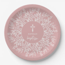 Elegante krans en kruis Roze meisjesdoop Papieren Bordje