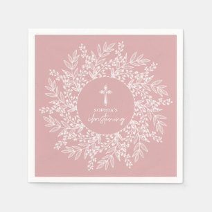 Elegante krans en kruis Roze meisjesdoop Servet
