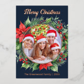 Elegante krans familiefoto Vrolijk Kerstfeest Folie Feestdagenkaart (Voorkant)