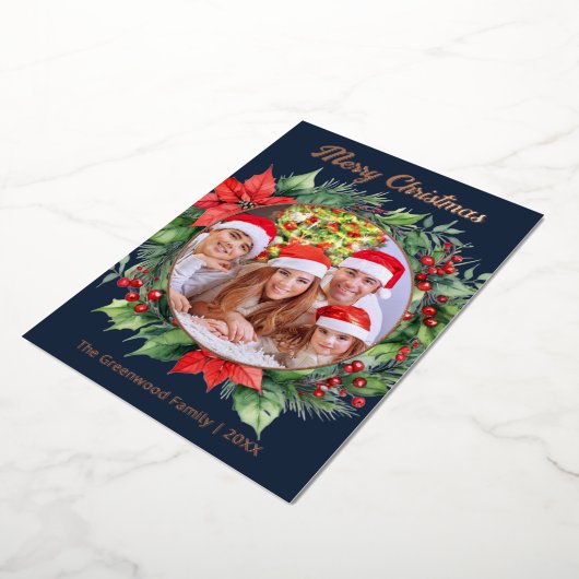 Elegante krans familiefoto Vrolijk Kerstfeest Folie Feestdagenkaart (Gedraaid)