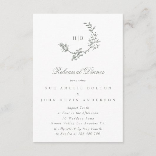 Elegante krans Floral Monogram Sage Groene bruilof Informatiekaartje (Voorkant)