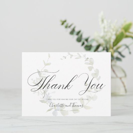 Elegante krans groen bruiloft dank u bedankkaart (Staand voorkant)