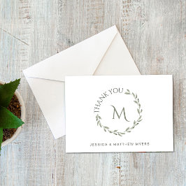Elegante krans groen met monogram en namen bedankkaart