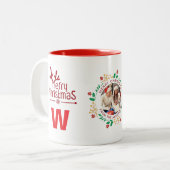 Elegante Krans Kerstfoto Familie Monogram Tweekleurige Koffiemok (Voorkant links)