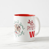 Elegante Krans Kerstfoto Familie Monogram Tweekleurige Koffiemok (Voorkant rechts)
