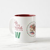 Elegante Krans Kerstfoto Familie Monogram Tweekleurige Koffiemok (Voorkant links)
