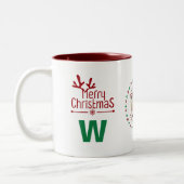 Elegante Krans Kerstfoto Familie Monogram Tweekleurige Koffiemok (Links)