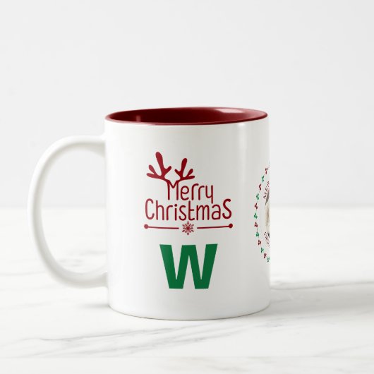 Elegante Krans Kerstfoto Familie Monogram Tweekleurige Koffiemok (Links)