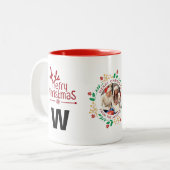 Elegante Krans Kerstfoto Familie Monogram Tweekleurige Koffiemok (Voorkant links)