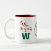 Elegante Krans Kerstfoto Familie Monogram Tweekleurige Koffiemok (Links)