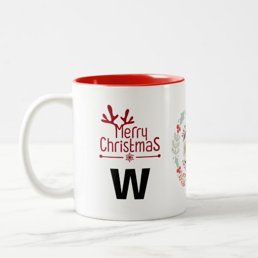 Elegante Krans Kerstfoto Familie Monogram Tweekleurige Koffiemok (Links)