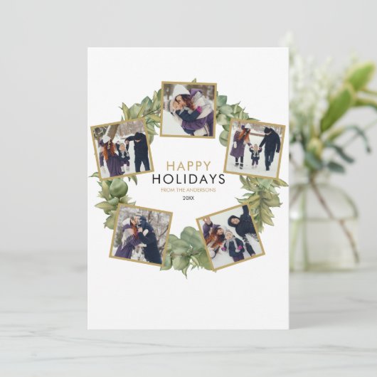 Elegante krans met 5 foto's en groen voor Kerstmis Feestdagenkaart (Staand voorkant)