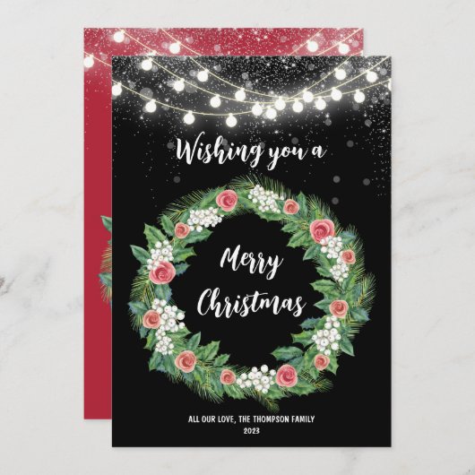 Elegante krans met String Lights Kerstmis Feestdagenkaart (Voorkant / Achterkant)