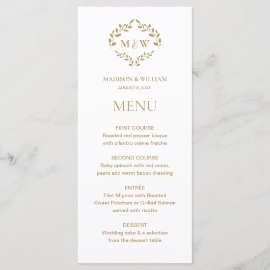 Elegante Krans Monogram Bruiloftsgoud Menu (Voorkant)