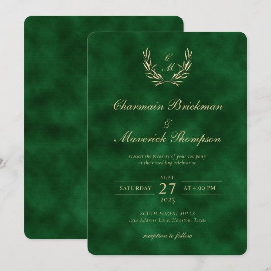 Elegante krans Monogram Groen Fluwelen Bruiloft Kaart (Voorkant / Achterkant)