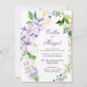 Elegante krans paarse bloemen trouwkaart aankondiging (Voorkant)