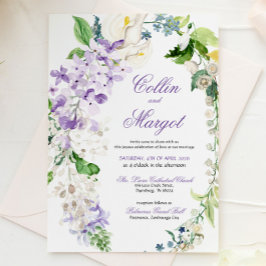 Elegante krans paarse bloemen trouwuitnodiging aankondiging
