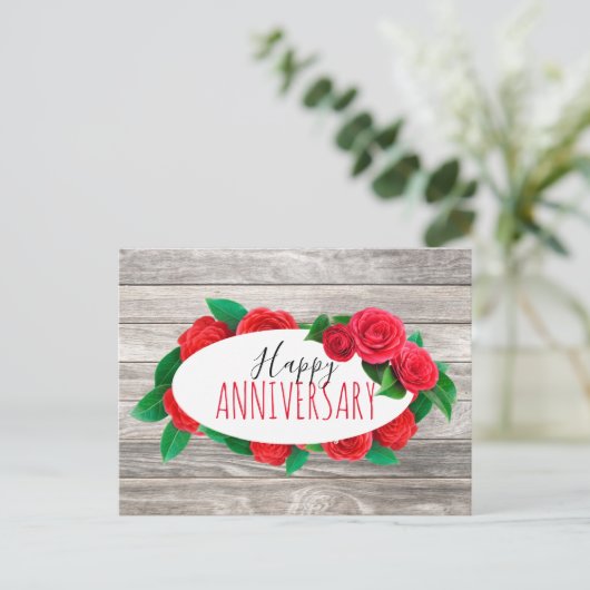 Elegante krans van rode rozen op hout Gelukkig jub Briefkaart (Staand voorkant)