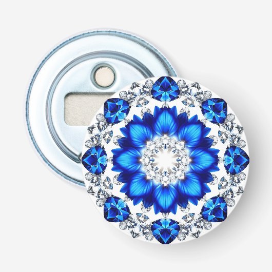 Elegante krans versierd met blauwe bloemen button flesopener (Voorkant)