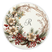 Elegante krans witte bloemen dennen takkenBessen Keramische Knop (Voorkant)