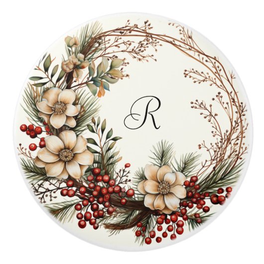 Elegante krans witte bloemen dennen takkenBessen  Keramische Knop (Voorkant)